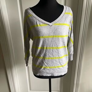 Aerie Heather Gray V Neck Sweatshirt Neon Yellow Stripes Size Small